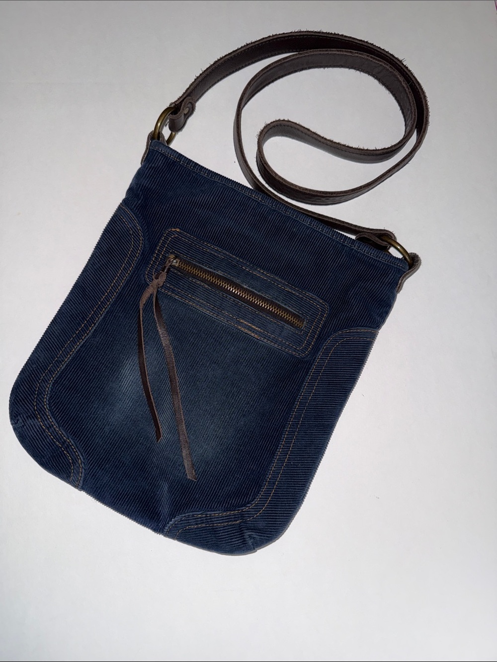 Vtg Y2K American Eagle Crossbody Corduroy Brown Leather Strap Retro Blue
